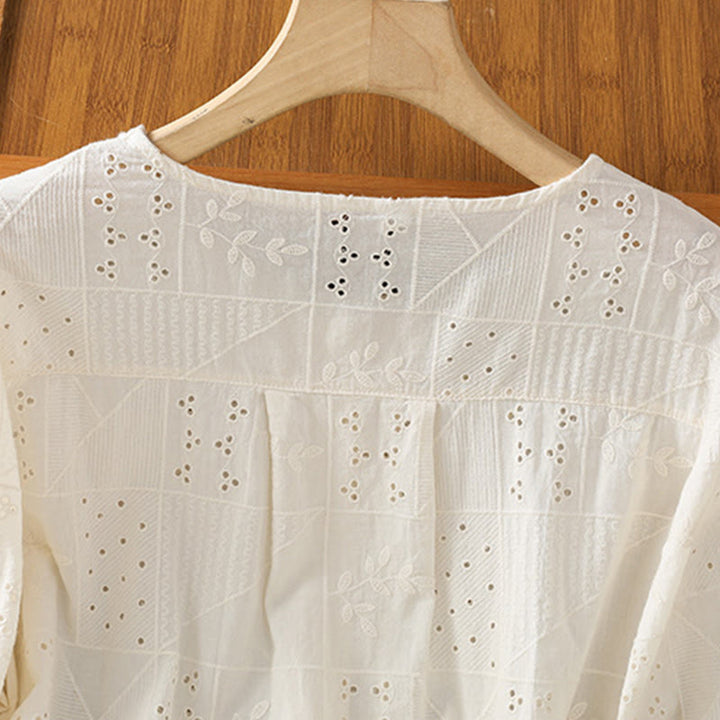 Camisa informal de algodón y poliéster con bordado de Buddha Stones para mujer, de media manga y cuello redondo - image 9