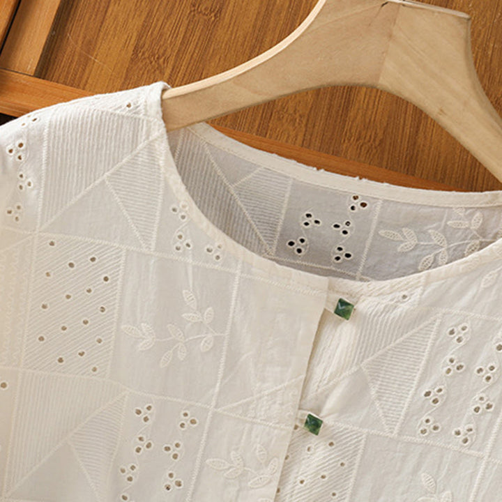 Camisa informal de algodón y poliéster con bordado de Buddha Stones para mujer, de media manga y cuello redondo - image 14