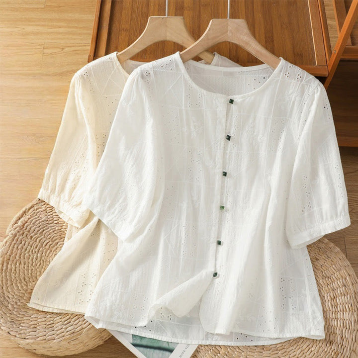 Camisa informal de algodón y poliéster con bordado de Buddha Stones para mujer, de media manga y cuello redondo - image 16
