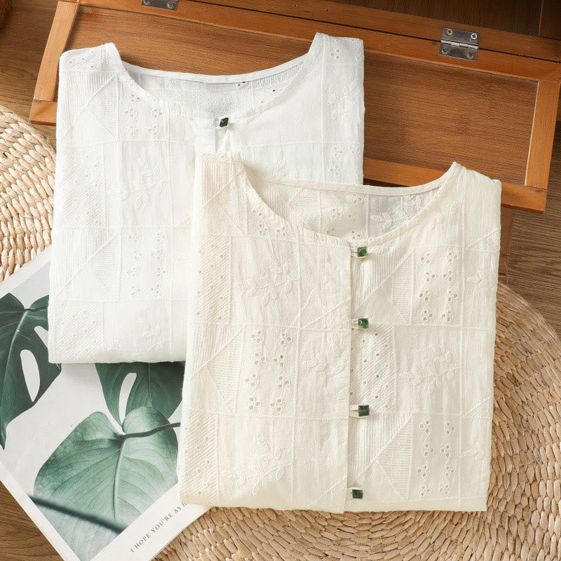 Camisa informal de algodón y poliéster con bordado de Buddha Stones para mujer, de media manga y cuello redondo - image 17