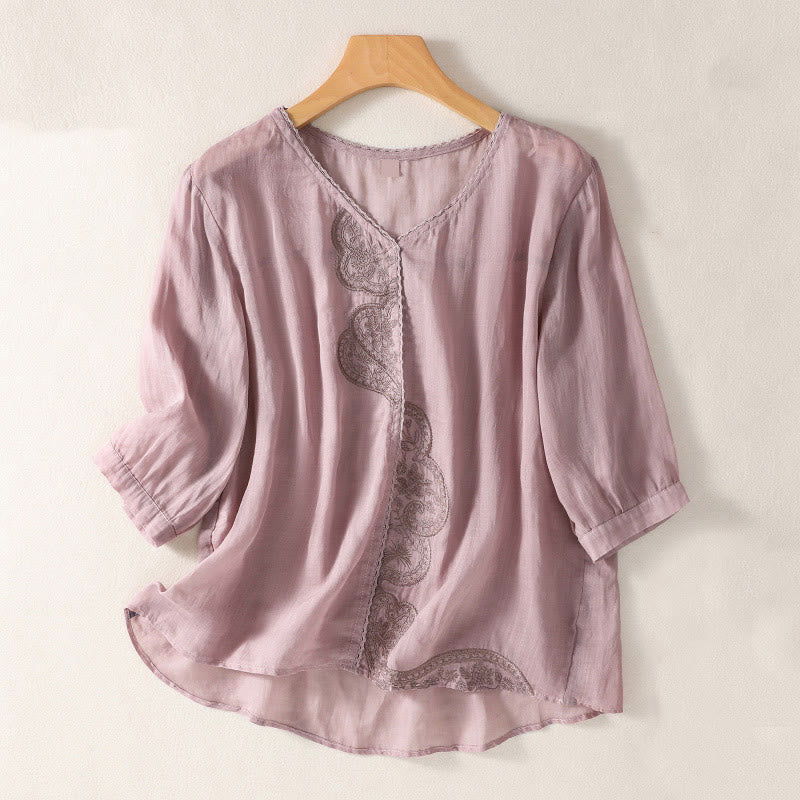 Camiseta de manga corta con cuello en V y estampado informal de Buddha Stones para mujer. - Ciruela - US14，UK/AU18，EU46 (2XL) - image 0