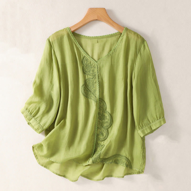 Camiseta de lino y algodón con cuello en V y media manga para mujer, con estampado bordado de Buddha Stones - AmarilloVerde - US14，UK/AU18，EU46 (2XL) - image 13