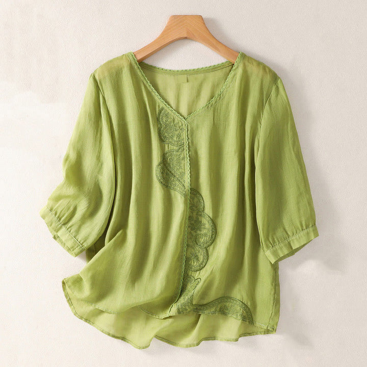 Camiseta de lino y algodón con cuello en V y media manga para mujer, con estampado bordado de Buddha Stones - AmarilloVerde - US14，UK/AU18，EU46 (2XL) - image 13