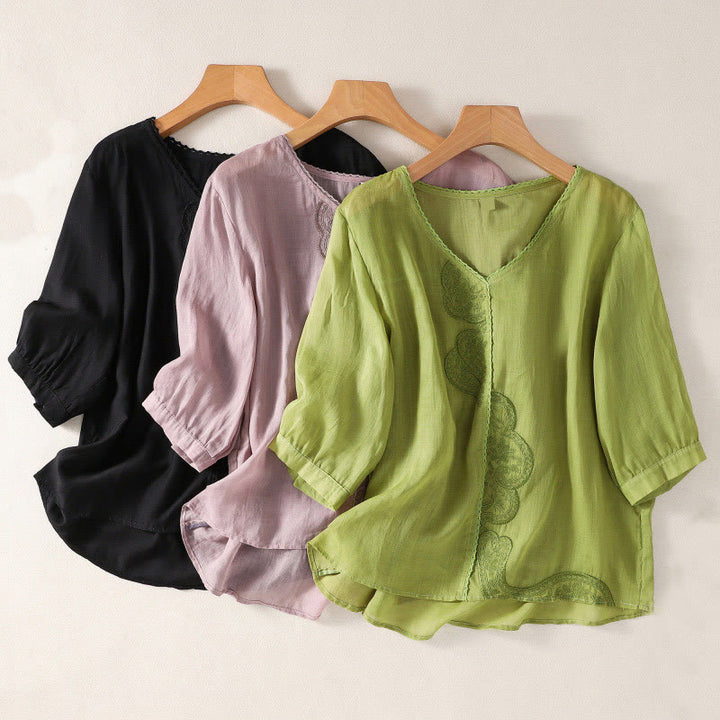 Camiseta de manga corta con cuello en V y estampado informal de Buddha Stones para mujer. - image 23