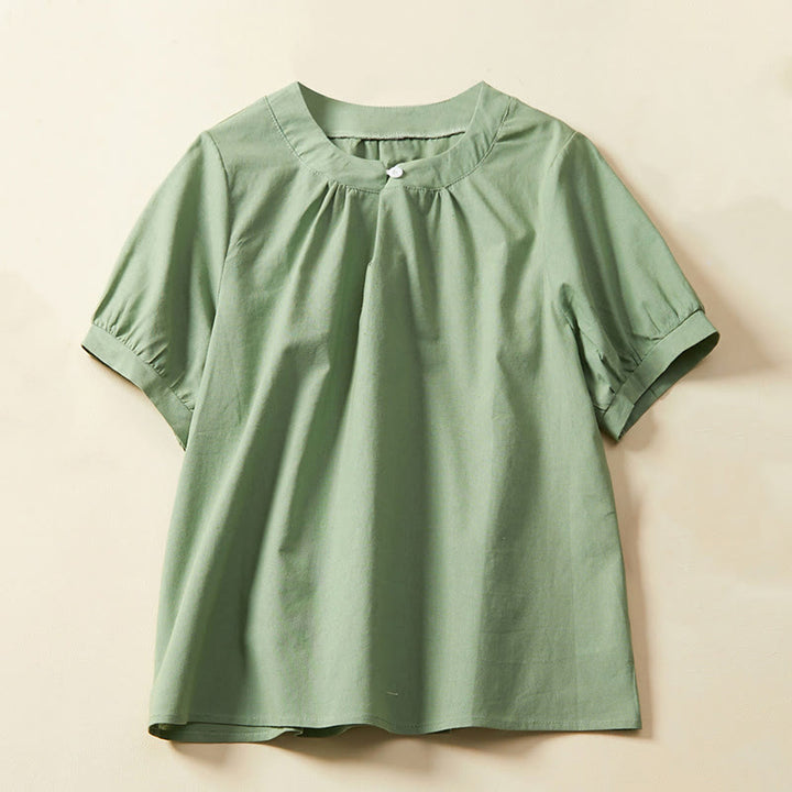 Camiseta informal de lino y algodón de manga corta con botones lisos para mujer con Buddha Stones - Verde mar medio - US14，UK/AU18，EU46 (2XL) - image 0
