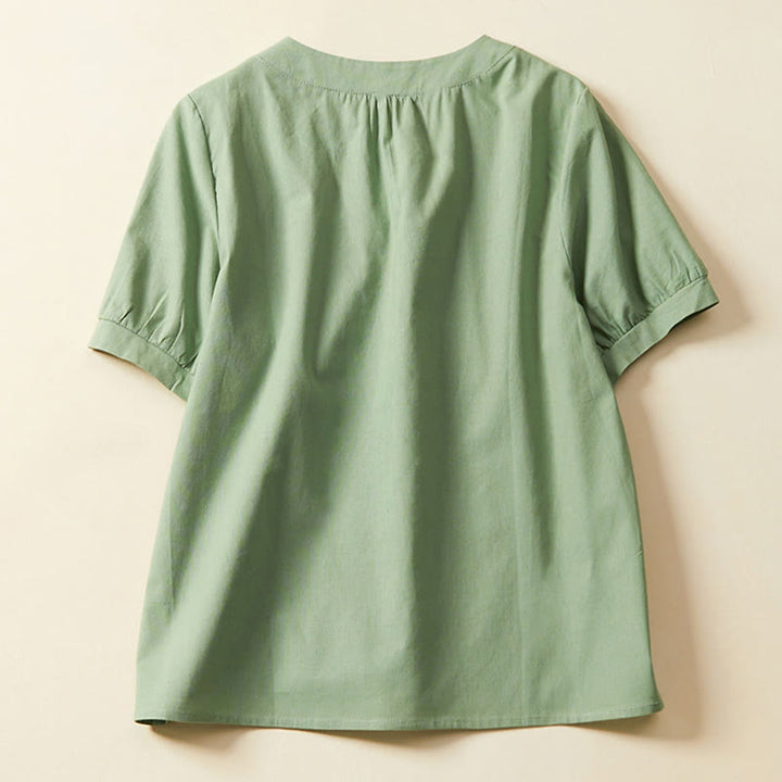 Camiseta informal de lino y algodón de manga corta con botones lisos para mujer con Buddha Stones - image 2