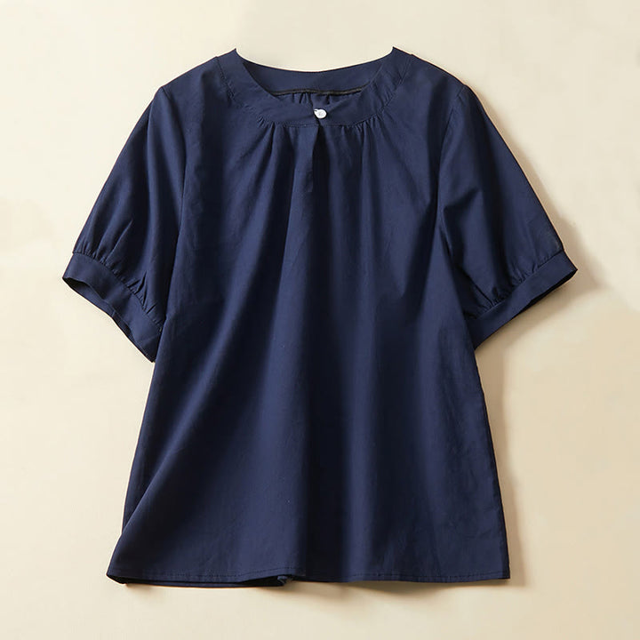 Camiseta informal de lino y algodón de manga corta con botones lisos para mujer con Buddha Stones - Marina de guerra - US14，UK/AU18，EU46 (2XL) - image 5