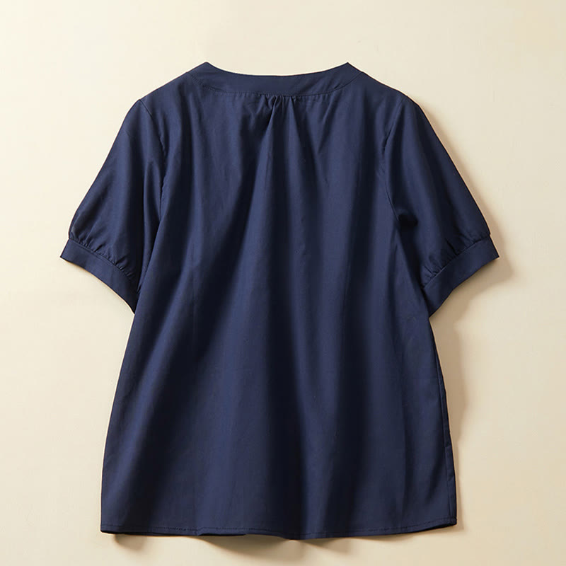 Camiseta informal de lino y algodón de manga corta con botones lisos para mujer con Buddha Stones - image 5