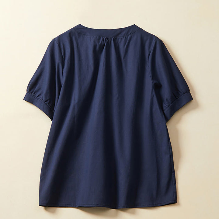 Camiseta informal de lino y algodón de manga corta con botones lisos para mujer con Buddha Stones - image 5