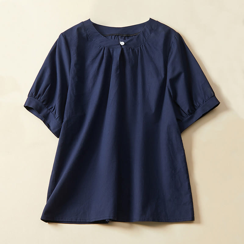Camiseta informal de lino y algodón de manga corta con botones lisos para mujer con Buddha Stones - Marina de guerra - US14，UK/AU18，EU46 (2XL) - image 4