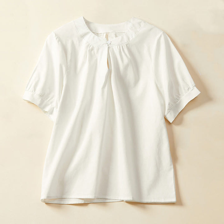 Camiseta informal de lino y algodón de manga corta con botones lisos para mujer con Buddha Stones - Blanco - US14，UK/AU18，EU46 (2XL) - image 2