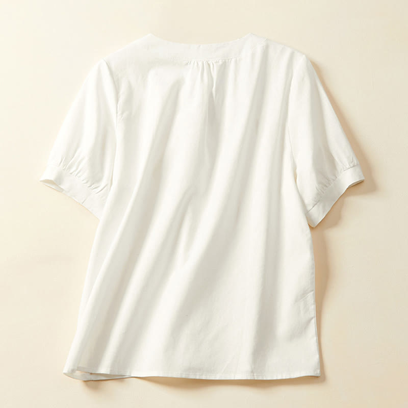 Camiseta informal de lino y algodón de manga corta con botones lisos para mujer con Buddha Stones - image 3