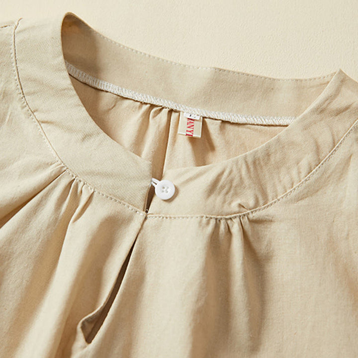 Camiseta informal de lino y algodón de manga corta con botones lisos para mujer con Buddha Stones - image 10