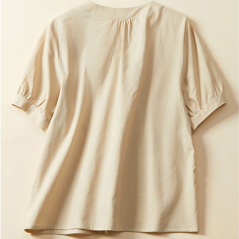 Camiseta informal de lino y algodón de manga corta con botones lisos para mujer con Buddha Stones - image 8
