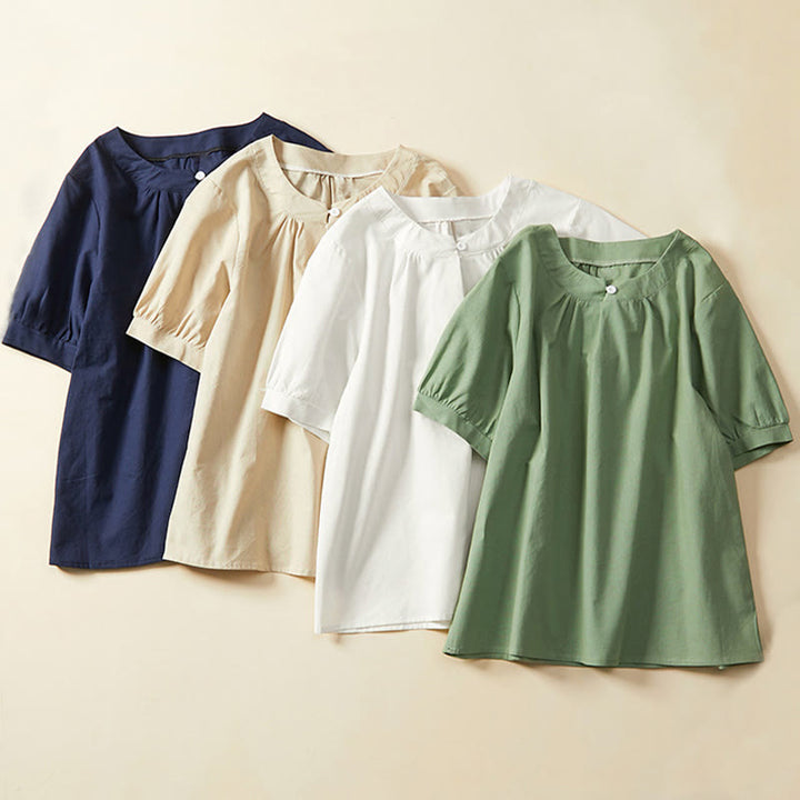 Camiseta informal de lino y algodón de manga corta con botones lisos para mujer con Buddha Stones - image 14