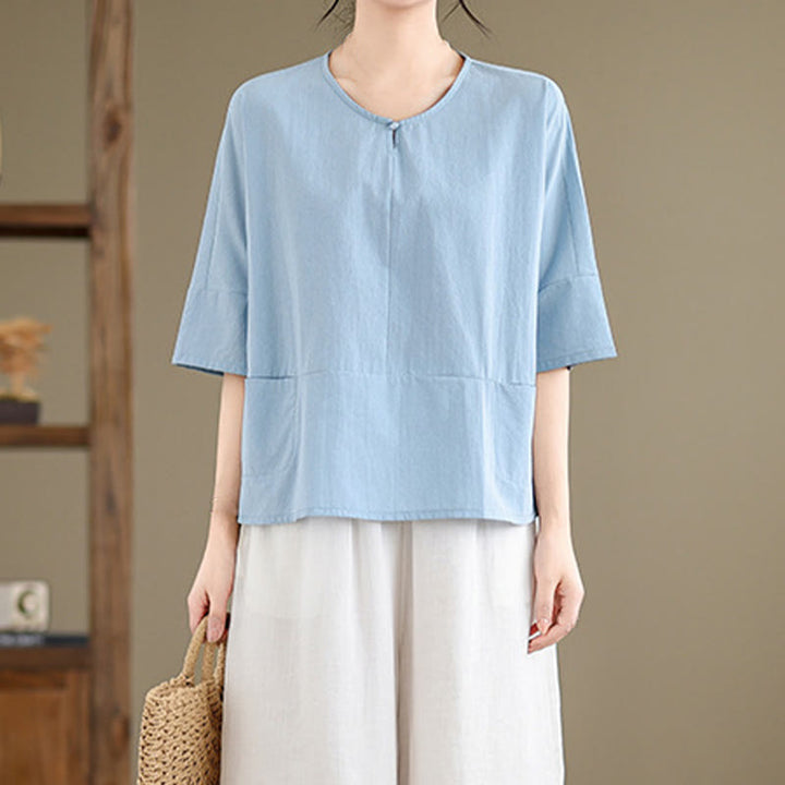 Camiseta informal de algodón y poliéster con bolsillos para mujer, de media manga y liso, con estampado de Buddha Stones - image 3