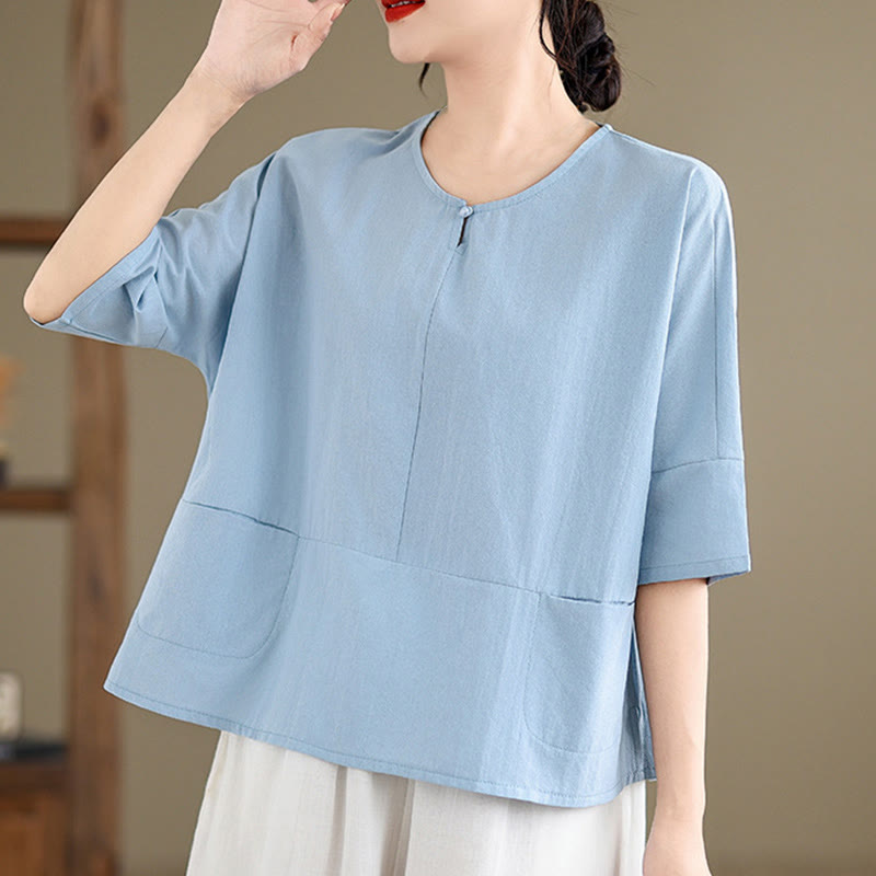 Camiseta informal de algodón y poliéster con bolsillos para mujer, de media manga y liso, con estampado de Buddha Stones - Azul cielo claro - US14，UK/AU18，EU46 (2XL) - image 1