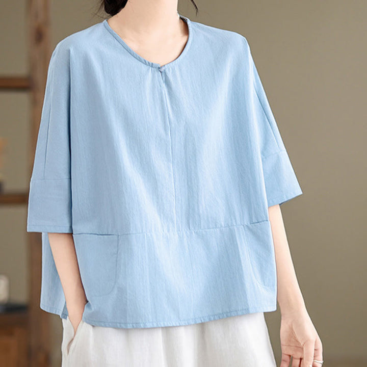 Camiseta informal de algodón y poliéster con bolsillos para mujer, de media manga y liso, con estampado de Buddha Stones - image 6