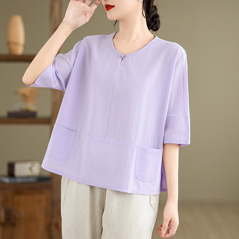Camiseta informal de algodón y poliéster con bolsillos para mujer, de media manga y liso, con estampado de Buddha Stones - image 9