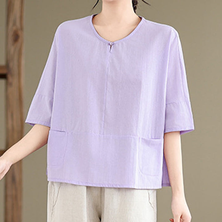 Camiseta informal de algodón y poliéster con bolsillos para mujer, de media manga y liso, con estampado de Buddha Stones - image 8