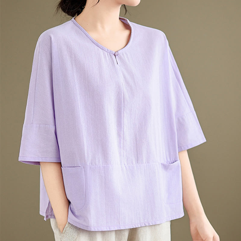 Camiseta informal de algodón y poliéster con bolsillos para mujer, de media manga y liso, con estampado de Buddha Stones - image 10