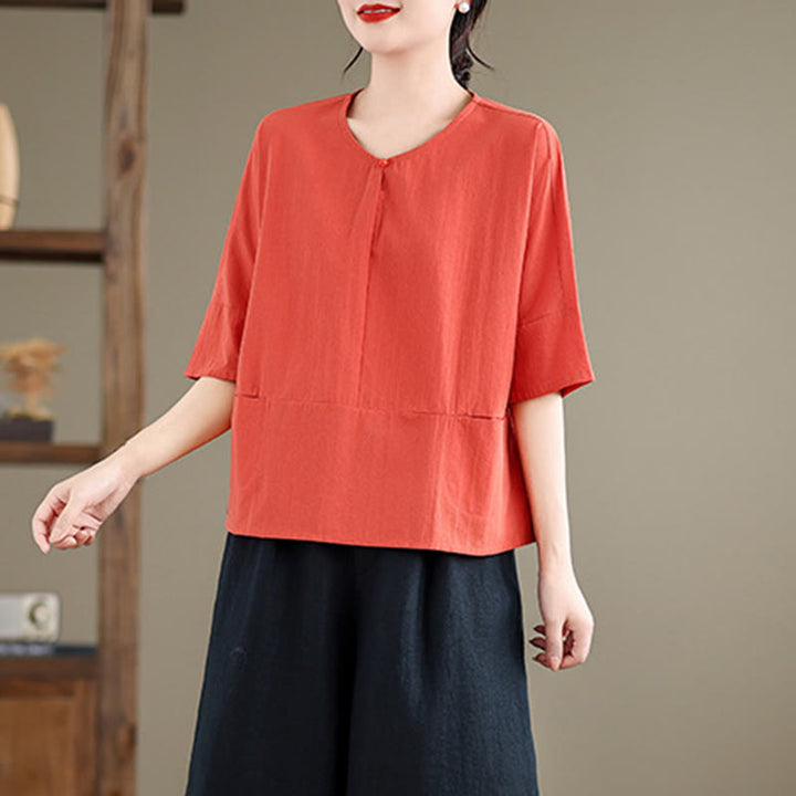 Camiseta informal de algodón y poliéster con bolsillos para mujer, de media manga y liso, con estampado de Buddha Stones - image 14
