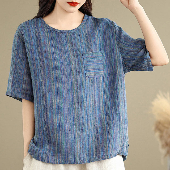 Camiseta de lino y algodón de media manga para mujer, estilo retro, con rayas y estampado de Buddha Stones - image 3