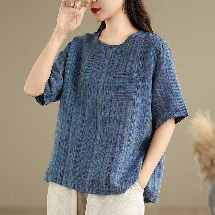 Camiseta de lino y algodón de media manga para mujer, estilo retro, con rayas y estampado de Buddha Stones - Azul acero - US12, UK/AU16, EU44 (2XL) - image 1