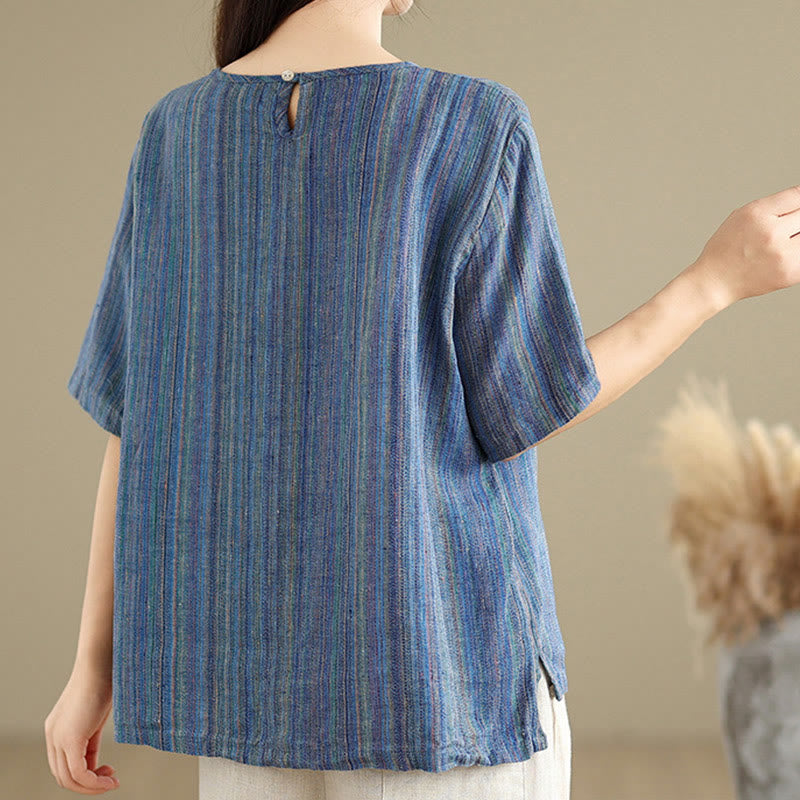 Camiseta de lino y algodón de media manga para mujer, estilo retro, con rayas y estampado de Buddha Stones - image 10