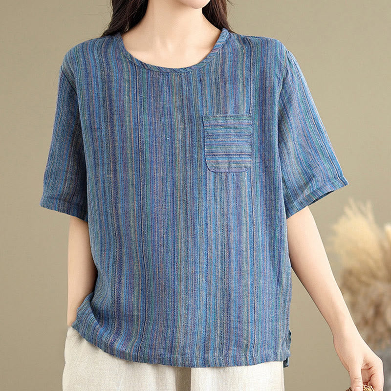 Camiseta de lino y algodón de media manga para mujer, estilo retro, con rayas y estampado de Buddha Stones - image 9