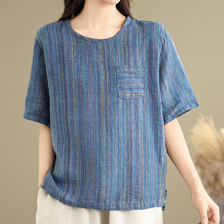 Camiseta de lino y algodón de media manga para mujer, estilo retro, con rayas y estampado de Buddha Stones - image 9