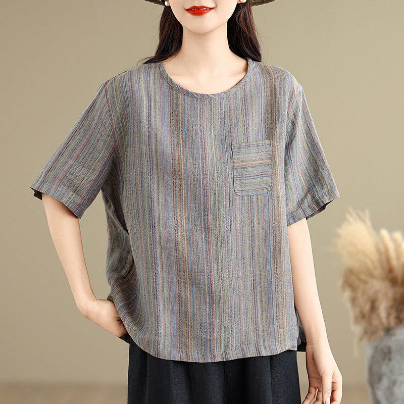 Camiseta de lino y algodón de media manga para mujer, estilo retro, con rayas y estampado de Buddha Stones - image 12