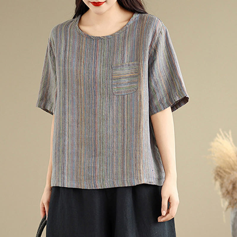 Camiseta de lino y algodón de media manga para mujer, estilo retro, con rayas y estampado de Buddha Stones - image 13