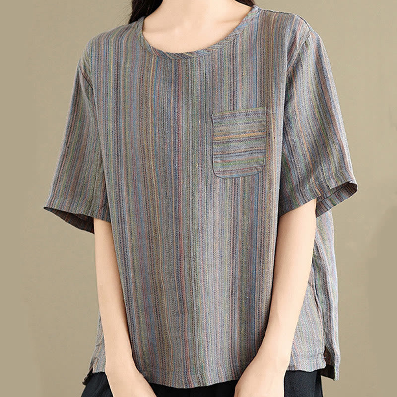 Camiseta de lino y algodón de media manga para mujer, estilo retro, con rayas y estampado de Buddha Stones - Gris pizarra - US12, UK/AU16, EU44 (2XL) - image 11