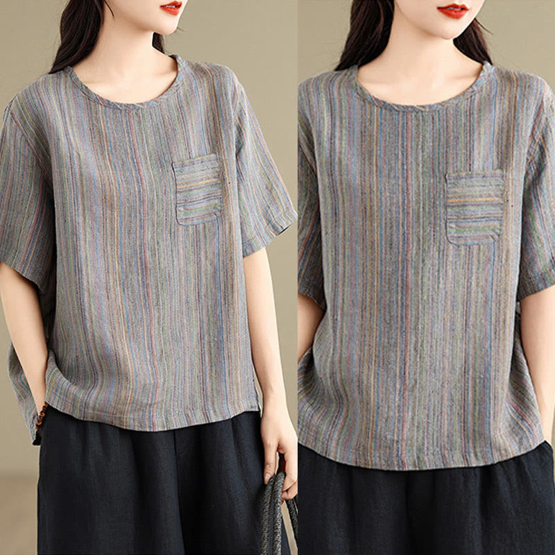 Camiseta de lino y algodón de media manga para mujer, estilo retro, con rayas y estampado de Buddha Stones - image 15