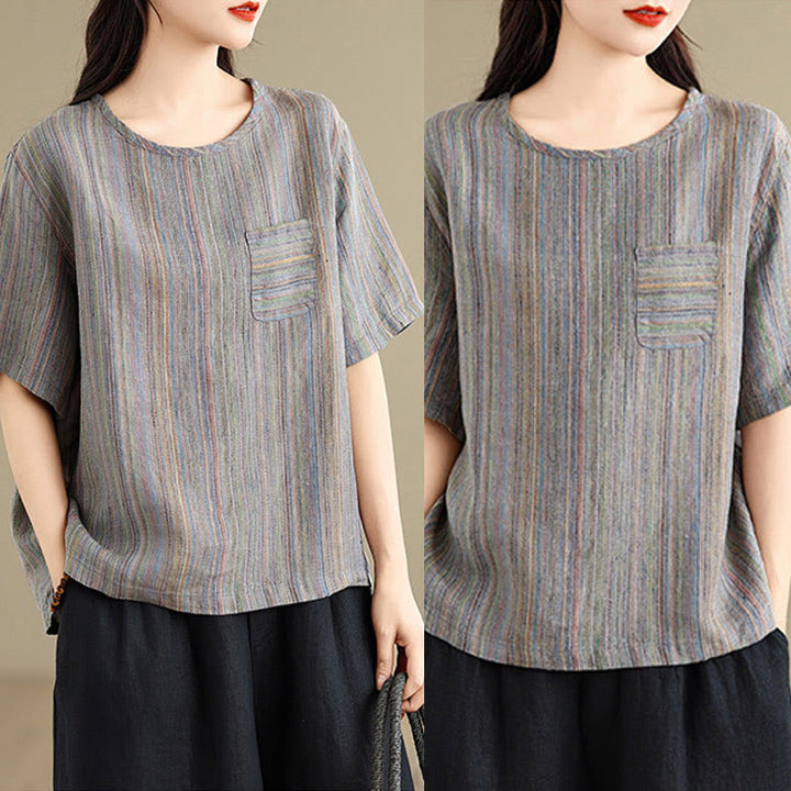 Camiseta de lino y algodón de media manga para mujer, estilo retro, con rayas y estampado de Buddha Stones - image 15