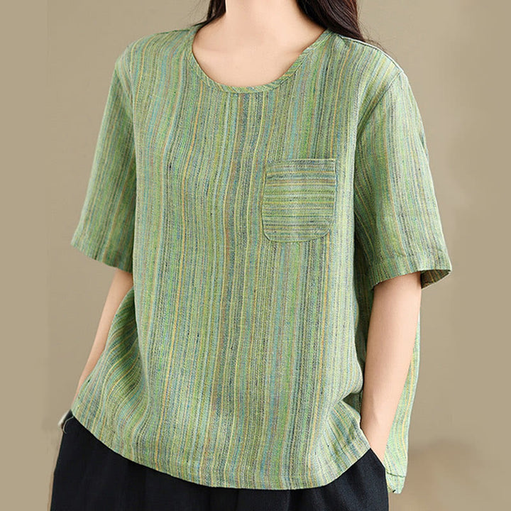 Camiseta de lino y algodón de media manga para mujer, estilo retro, con rayas y estampado de Buddha Stones - image 17