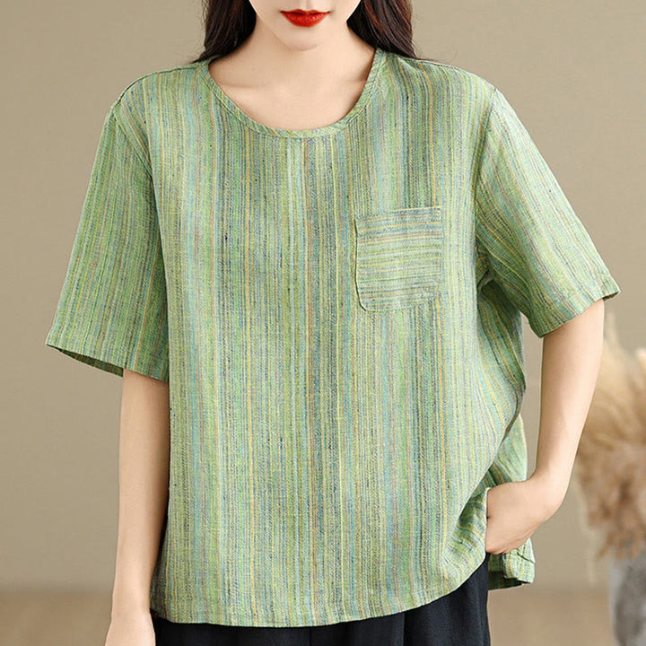 Camiseta de lino y algodón de media manga para mujer, estilo retro, con rayas y estampado de Buddha Stones - image 19