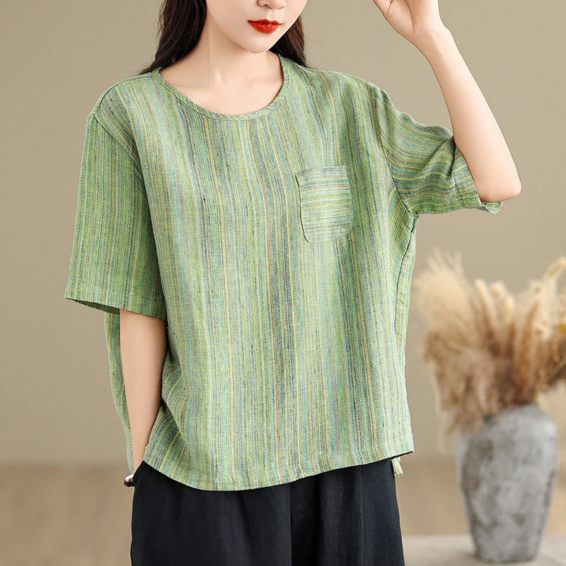 Camiseta de lino y algodón de media manga para mujer, estilo retro, con rayas y estampado de Buddha Stones - Verde mar oscuro - US12, UK/AU16, EU44 (2XL) - image 16