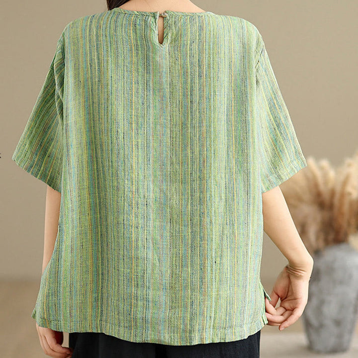 Camiseta de lino y algodón de media manga para mujer, estilo retro, con rayas y estampado de Buddha Stones - image 21