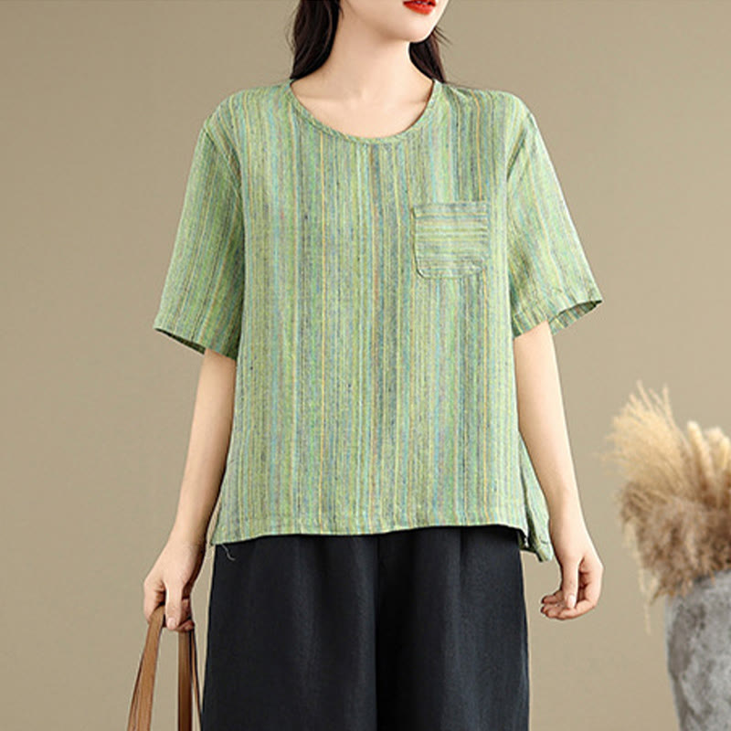 Camiseta de lino y algodón de media manga para mujer, estilo retro, con rayas y estampado de Buddha Stones - image 18