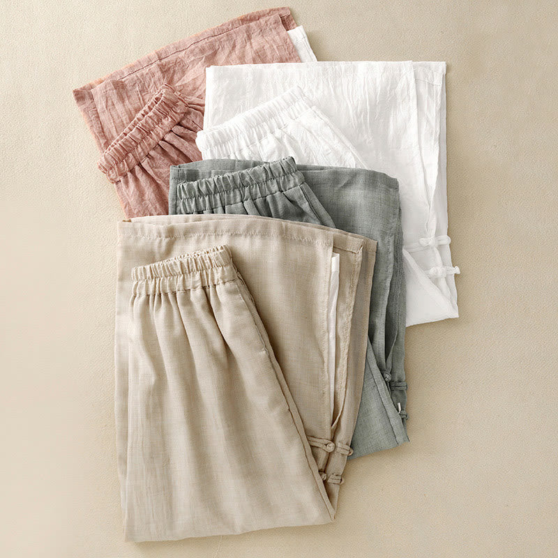 Pantalones anchos de Buddha Stones y algodón para mujer con diseño de rana y botones en el dobladillo y aberturas, con bolsillos - image 21