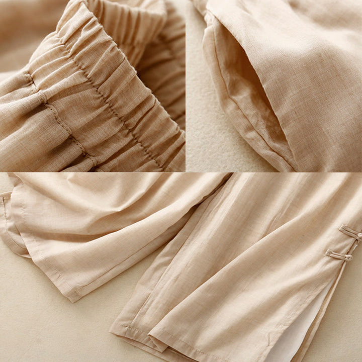 Pantalones anchos de Buddha Stones y algodón para mujer con diseño de rana y botones en el dobladillo y aberturas, con bolsillos - image 7