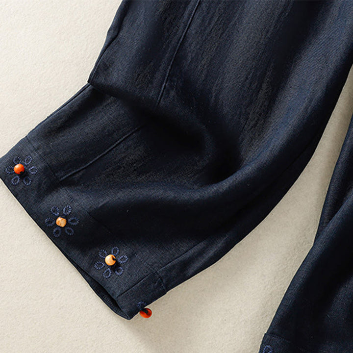 Pantalones anchos de algodón para mujer con cordón y cuentas bordadas con Buddha Stones y bolsillos - image 4