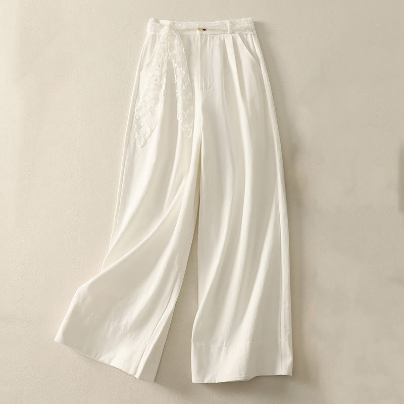 Pantalones de algodón de pierna ancha con bolsillos y cinturón de encaje de color liso para mujer de Buddha Stones Daily - Blanco - US8-10，UK/AU12-14，EU40-42 (2XL) - image 6