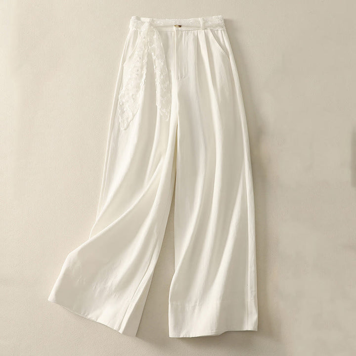 Pantalones de algodón de pierna ancha con bolsillos y cinturón de encaje de color liso para mujer de Buddha Stones Daily - Blanco - US8-10，UK/AU12-14，EU40-42 (2XL) - image 6