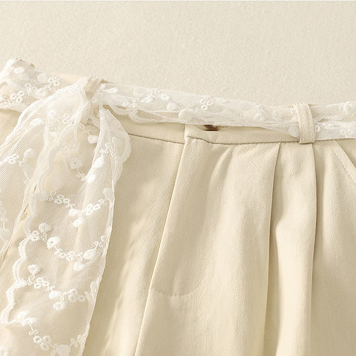 Pantalones de algodón de pierna ancha con bolsillos y cinturón de encaje de color liso para mujer de Buddha Stones Daily - image 1