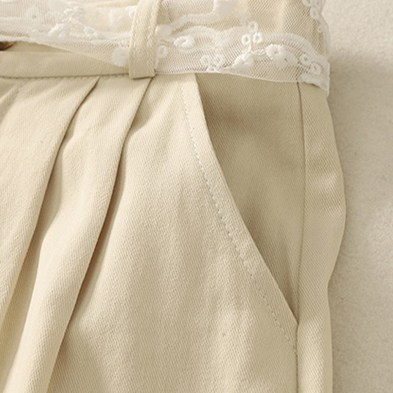 Pantalones de algodón de pierna ancha con bolsillos y cinturón de encaje de color liso para mujer de Buddha Stones Daily - image 2