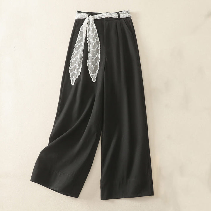 Pantalones de algodón de pierna ancha con bolsillos y cinturón de encaje de color liso para mujer de Buddha Stones Daily - Negro - US8-10，UK/AU12-14，EU40-42 (2XL) - image 18