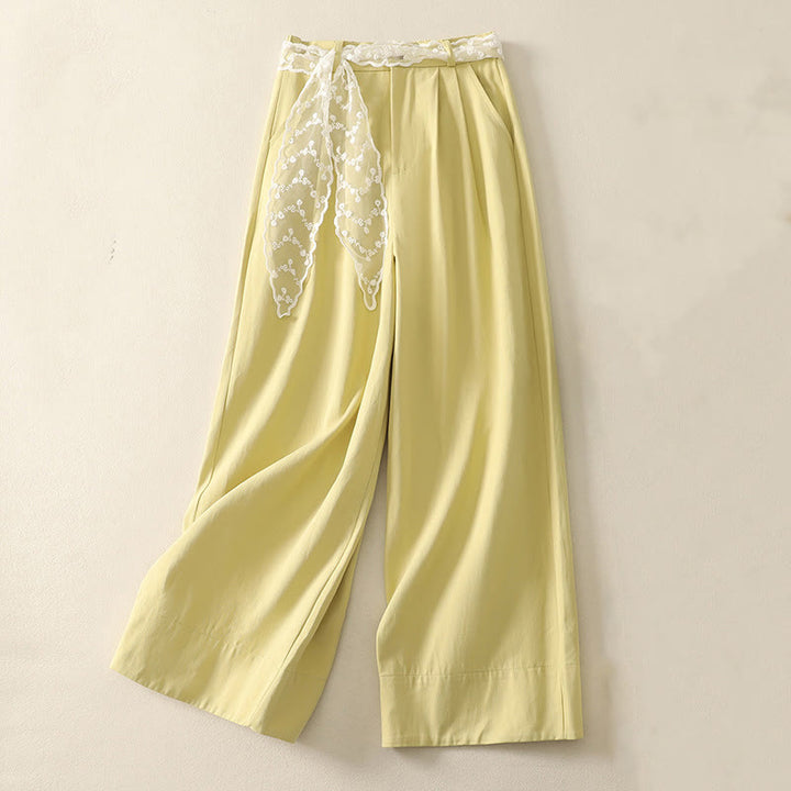 Pantalones de algodón de pierna ancha con bolsillos y cinturón de encaje de color liso para mujer de Buddha Stones Daily - Amarillo claro - US8-10，UK/AU12-14，EU40-42 (2XL) - image 22